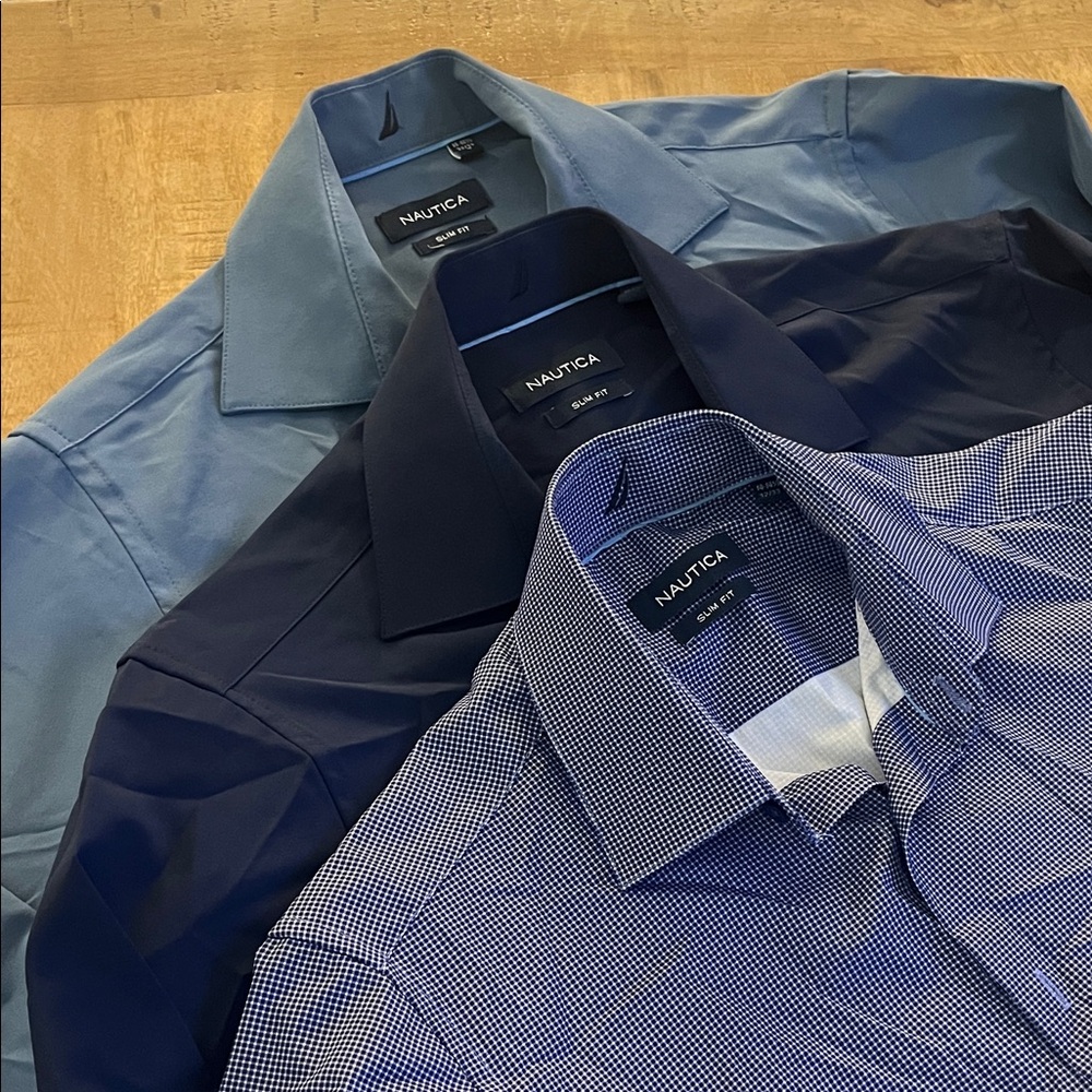 Lot of 3 Nautica Polyester Men's Blue and Navy Dress Shirts